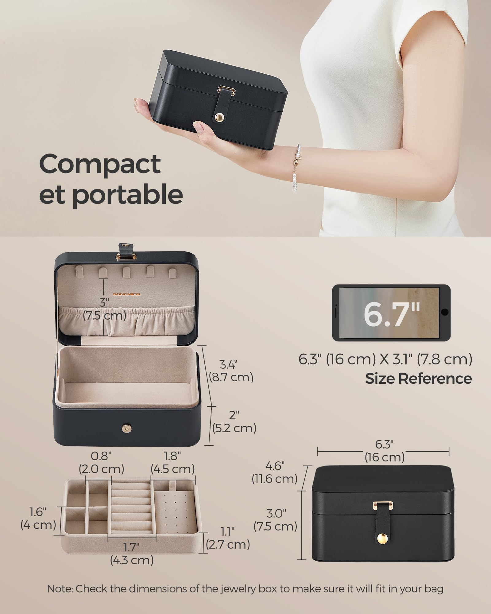 SONGMICS Travel Jewelry Organizer, 2-Layer Portable Jewelry Box Case