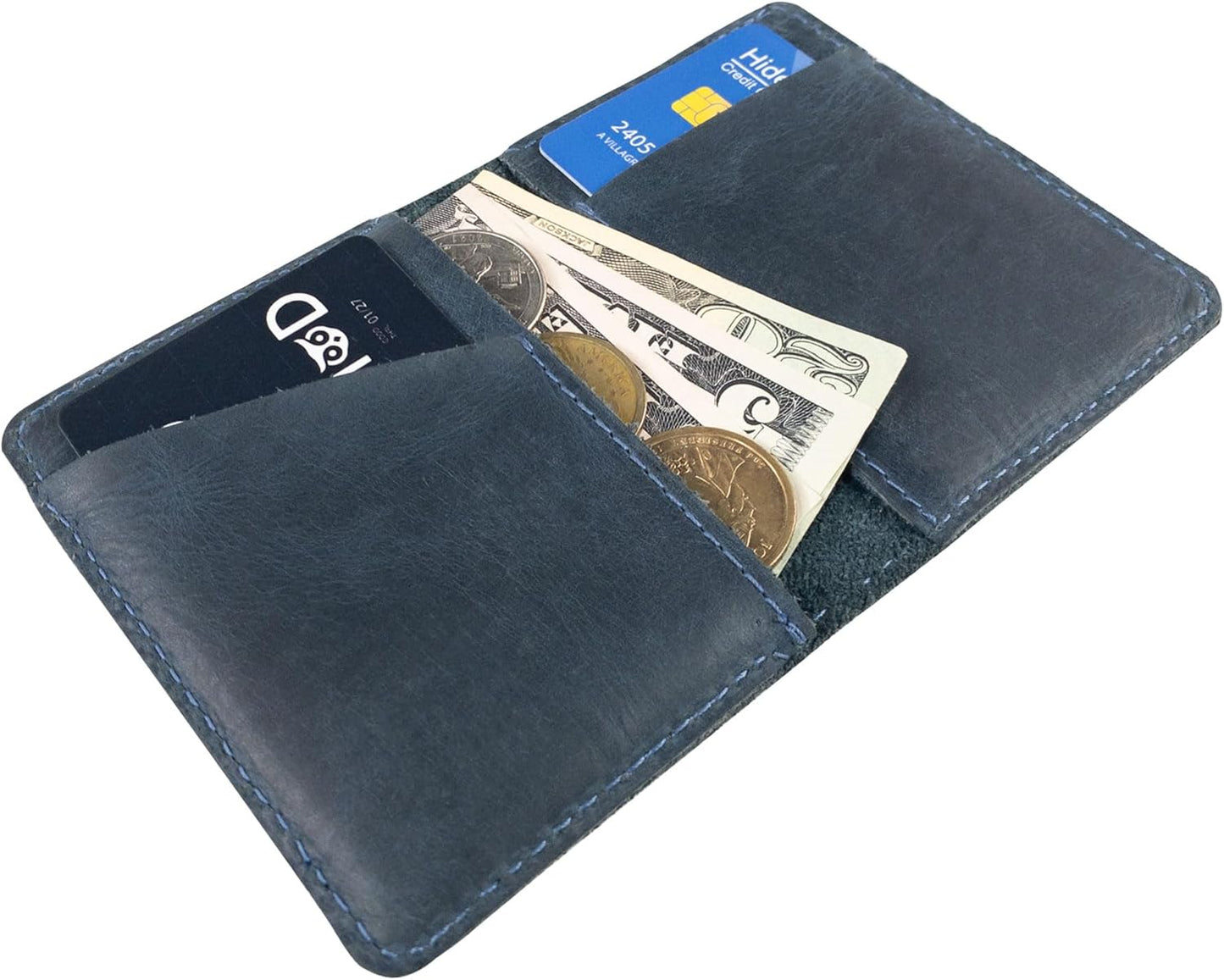 Hide & Drink, Bifold Wallet, Slim Card Holder, Minimalist Traveler Wallet, Vintage Front Pocket Wallet, Full Grain Leather, Handmade, Slate Blue