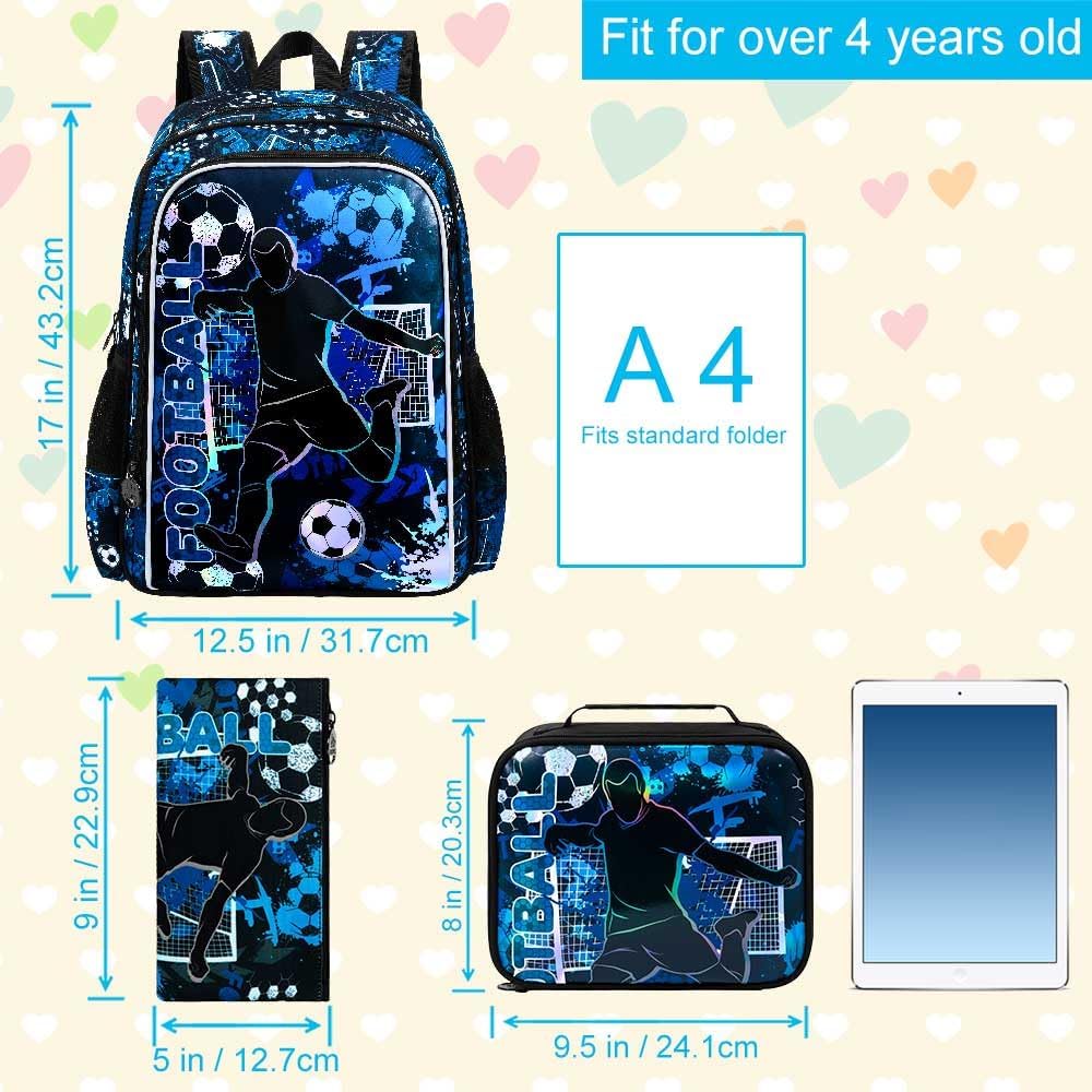 AGSDON 3PCS Kids Backpack for Boys, 17" Football Backpacks with Lunch Box, Water Resistant and Lightweight Bookbag for Teenagers