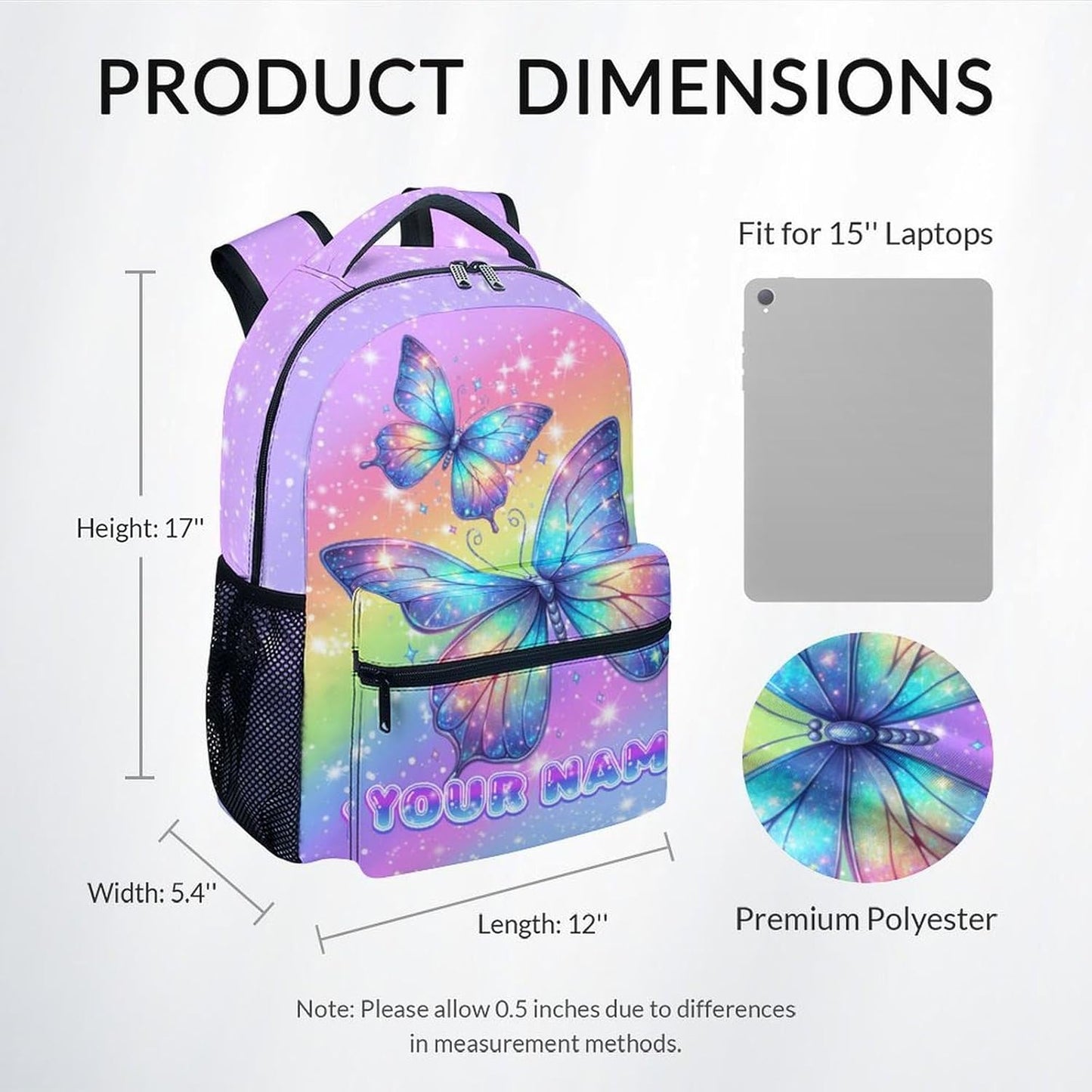 Bookbag for Girls, Personalized Butterfly Backpacks for Kids, Elementary Preschool School Bag for Toddler, 17" Custom Cute Rainbow Bookbag with Name