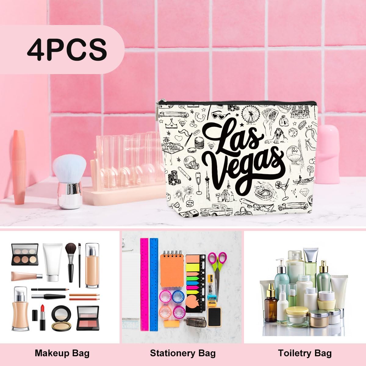 4PCS Las Vegas Souvenir Las Vegas Gifts Makeup Bag Cosmetic Bag for Women Friend Lady Sister Bestie Las Vegas Travel Lover Weekend Bag Vacation Christmas Birthday Friendship