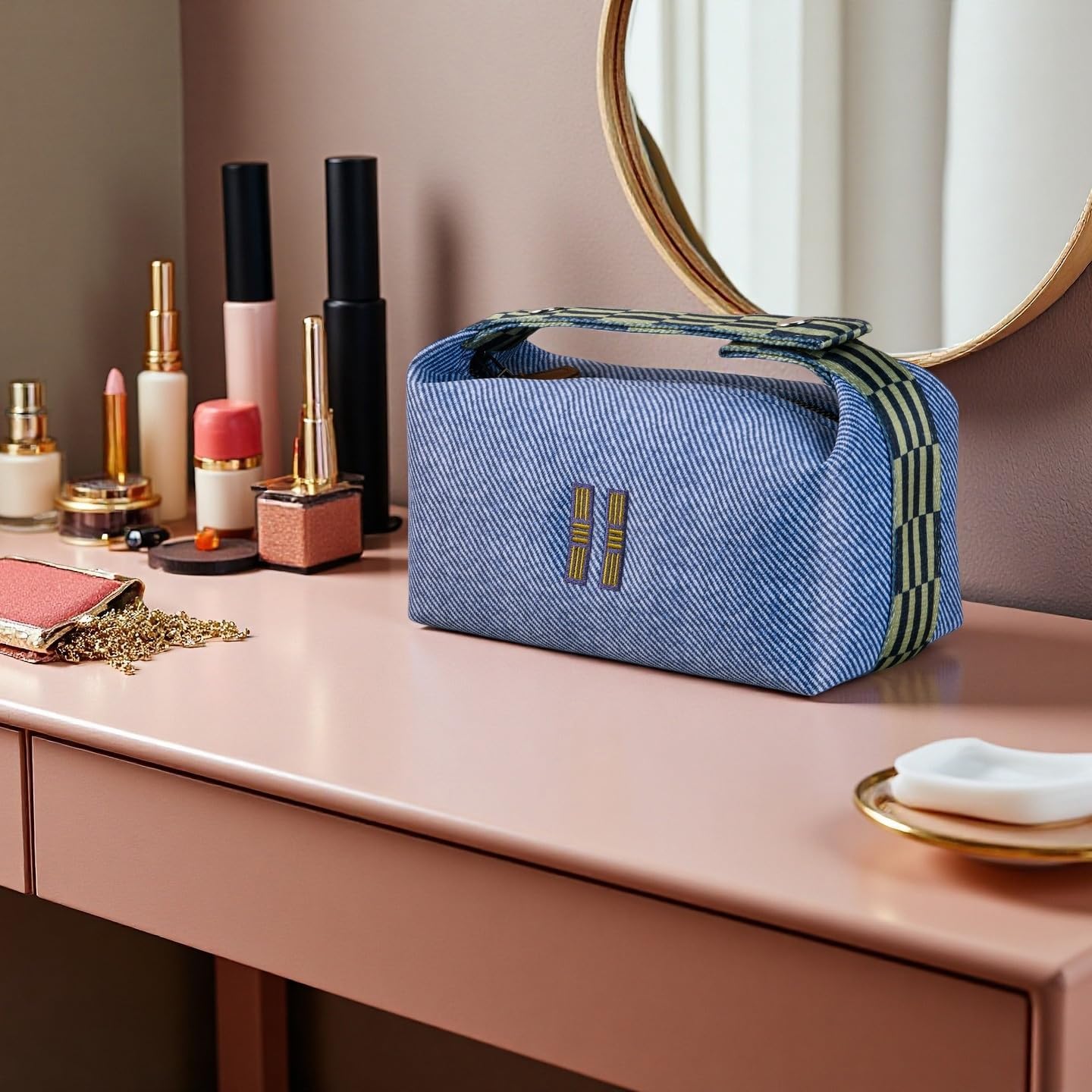 Fashion Makeup Bag for Women, Orange Red Canvas Make up Travel Bag, Hanging Cosmetic Bag Organizer