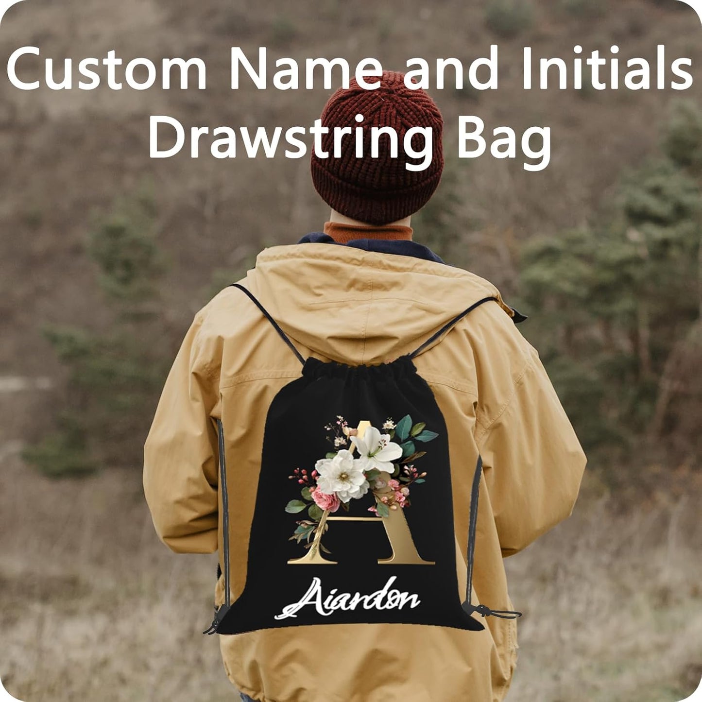 Personalized Drawstring Bag with Your Name Drawstring Backpack for Men Women Small Gym Beach Shopping Sport Yoga Bag (Letter 2)