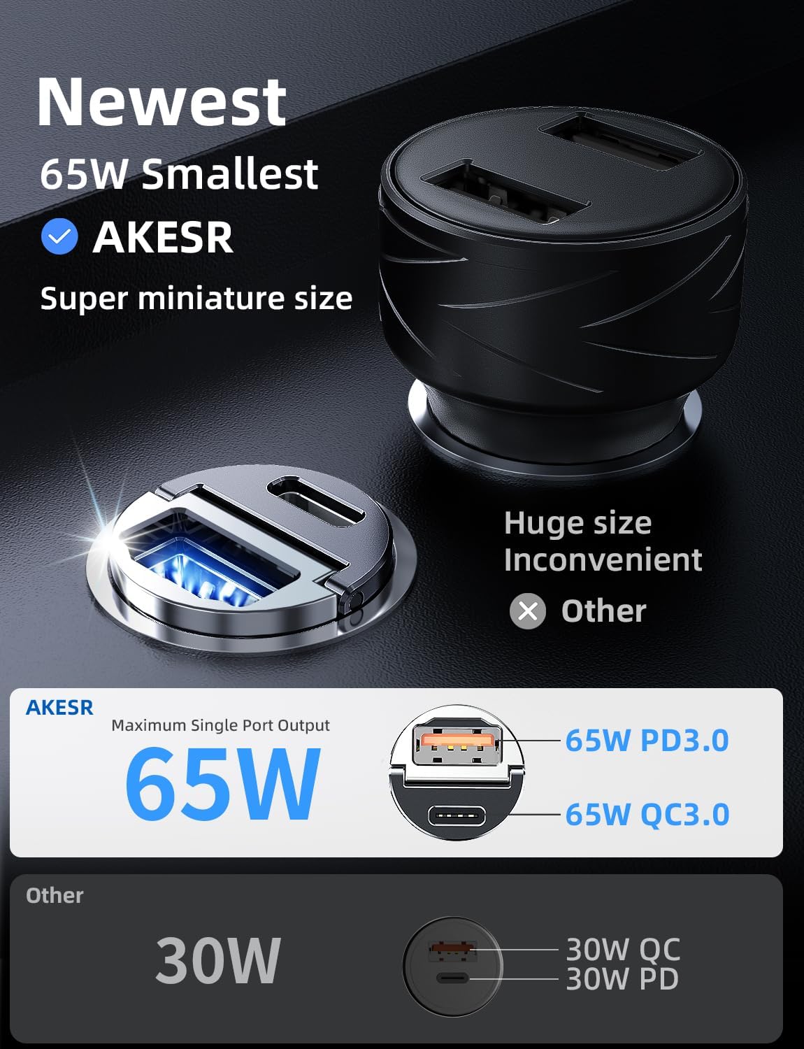 65W USB C Car Charger Fast Charging，12V USB Outlet Accesorios para Carro，Compact Cigarette Lighter Adapter，Car Phone Charger for iPhone/17/16/15/14/13 Samsung S25 S24 S23Google Android