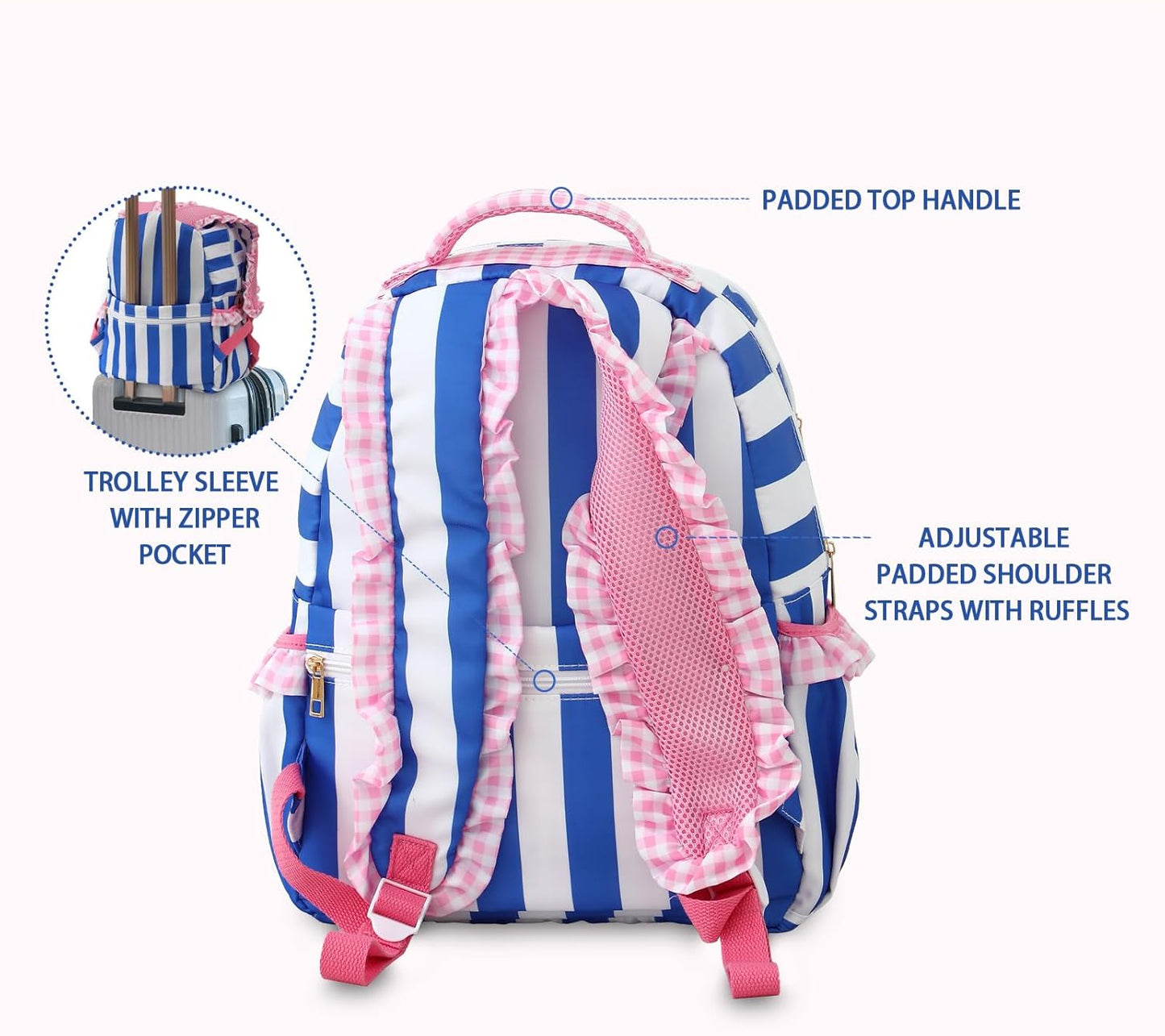 DYSHAYEN Kids Backpack for Girls, 15" Ruffled Backpack for School Kindergarten Bookbag 5-8, Fully Opened Compartment (Blue Stripe)