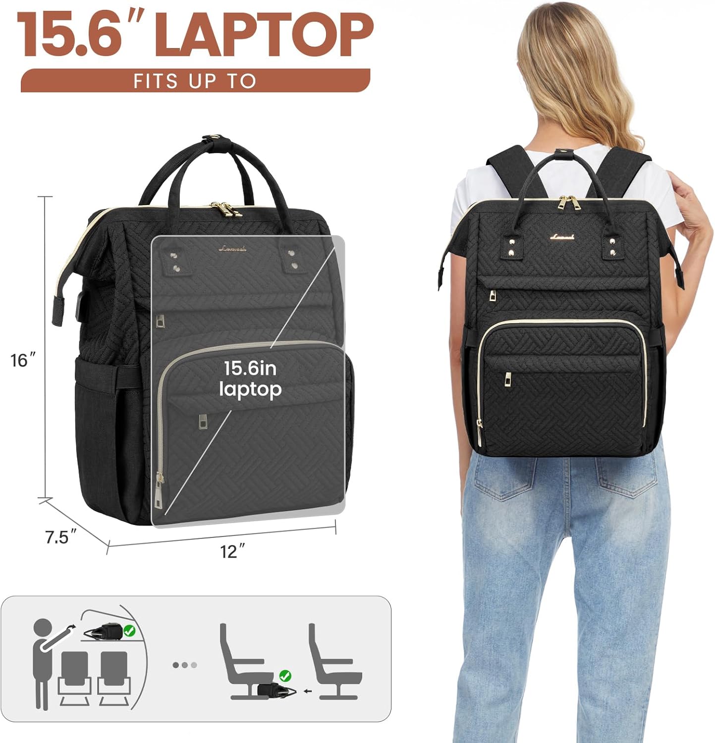 LOVEVOOK Laptop Backpack for Women,15.6 Inch Professional Womens Travel Backpack Purse Computer Laptop Bag Nurse Teacher Backpack,Waterproof Work Bags Carry on Back Pack with USB Port,Black Plait