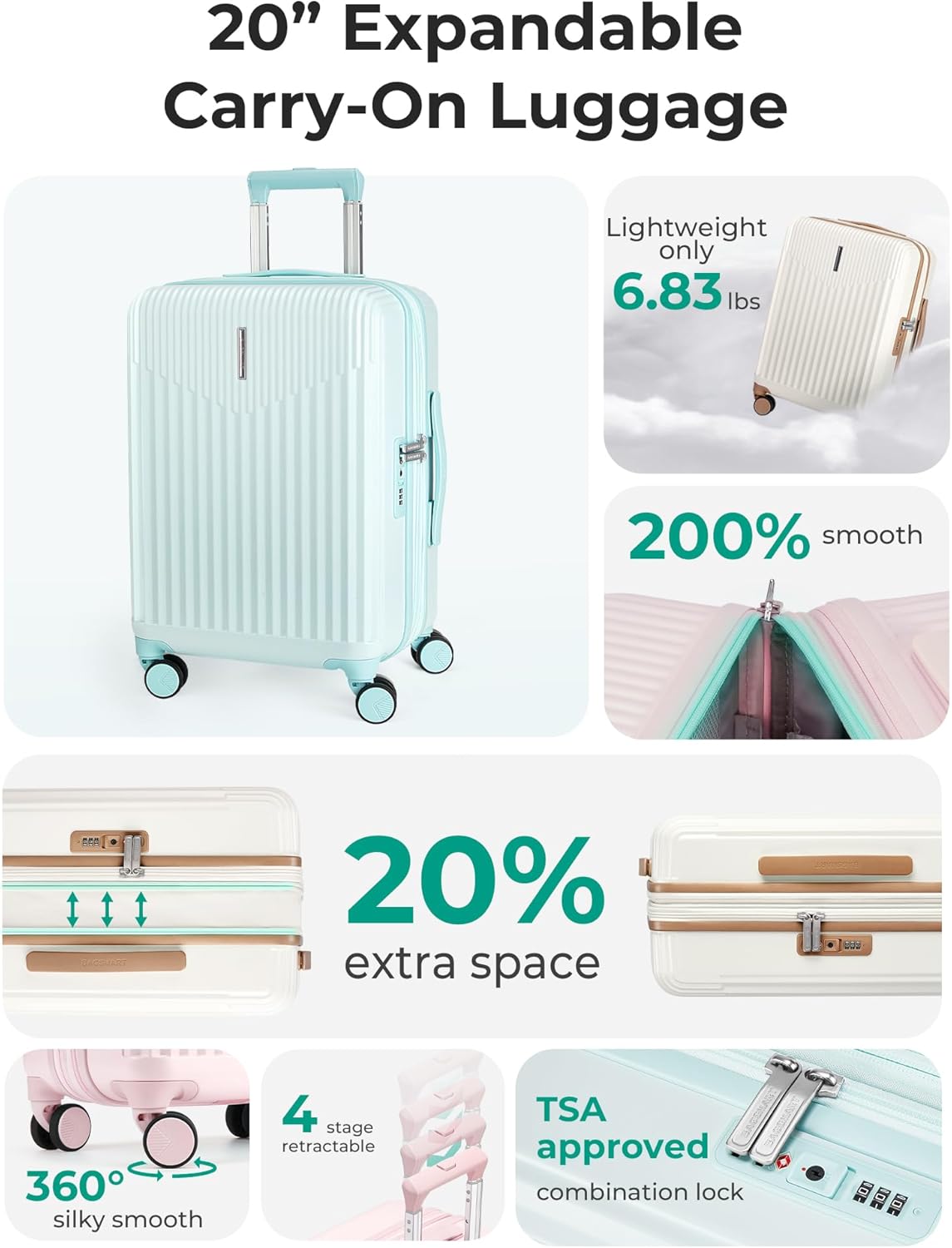 BAGSMART Carry On Luggage 22x14x9 Airline Approved with Spinner Wheels,100% PC Hardside Expandable Luggage with TSA Lock for Trips, 20 Inch Rolling Suitcases for Men Women,Green