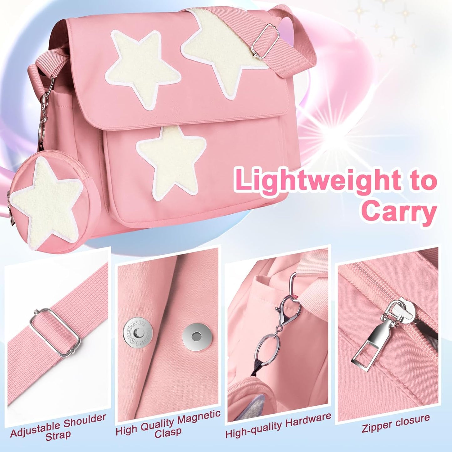 Y2K Messenger Bag for Women, Lightweight Spacious Stars Tote Purse with Cute Coin Purse, Crossbody Shoulder Bag