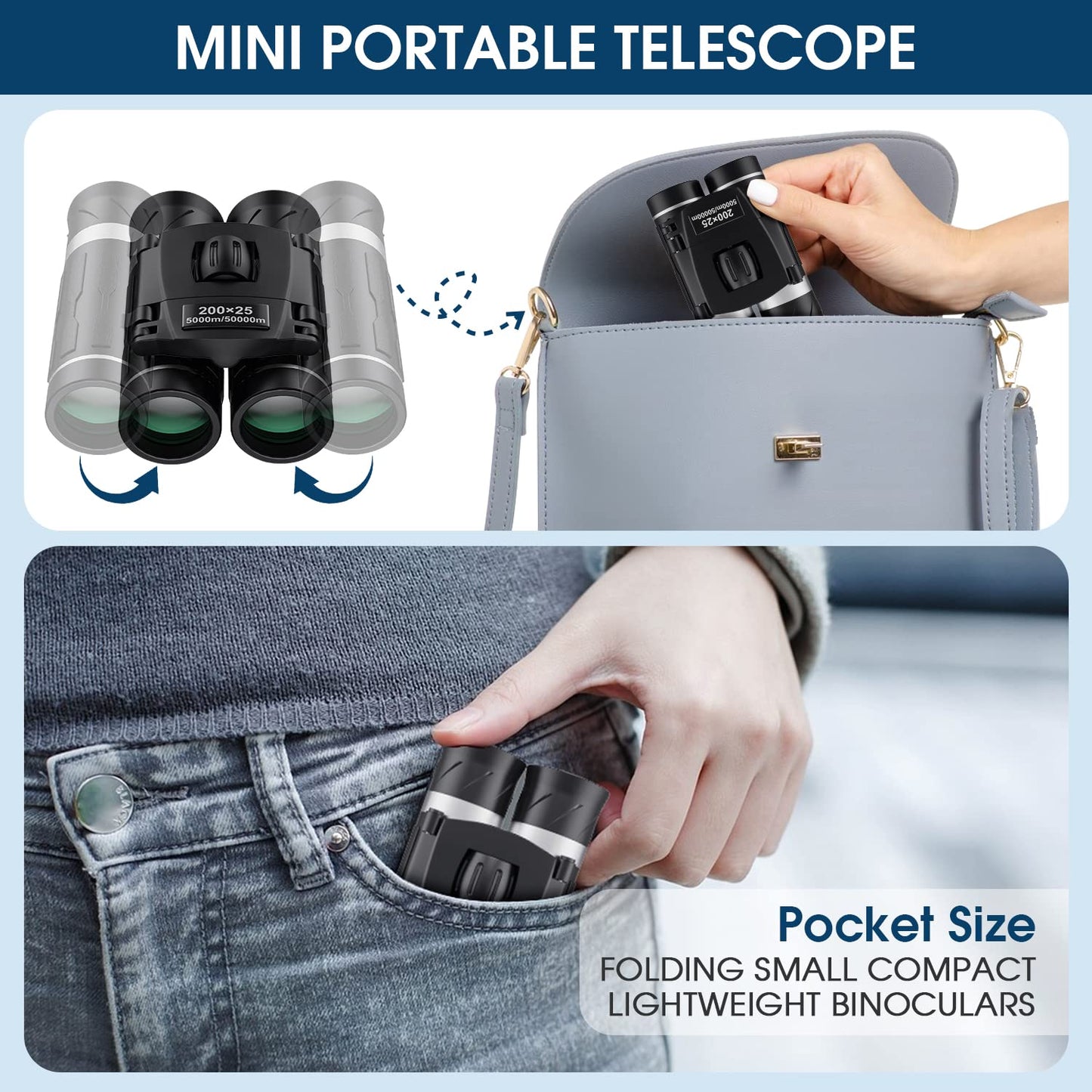 200x25 Compact Binoculars for Adults and Kids, High Powered Mini Pocket Binoculars, Waterproof