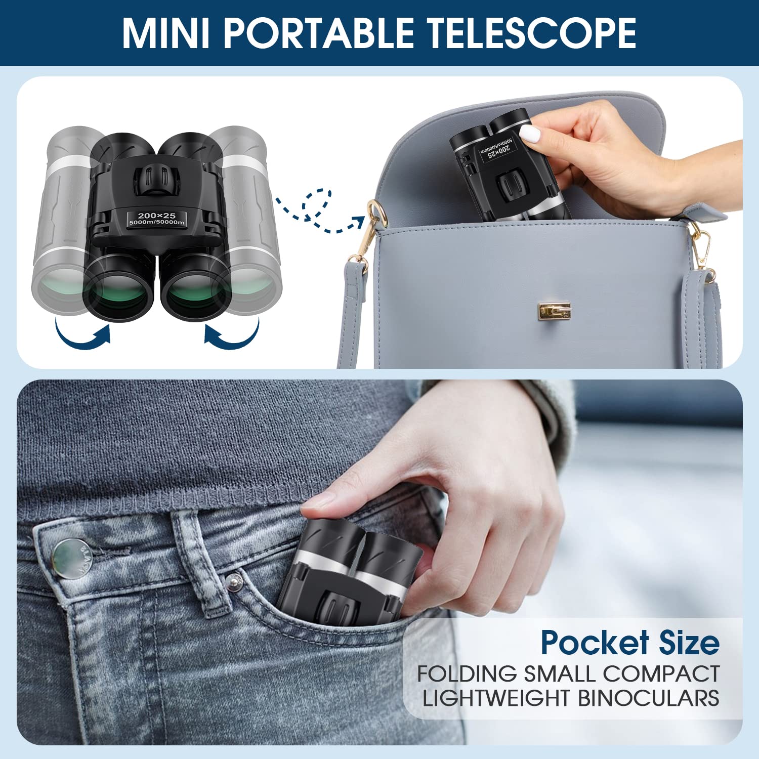 200x25 Compact Binoculars for Adults and Kids, High Powered Mini Pocket Binoculars, Waterproof