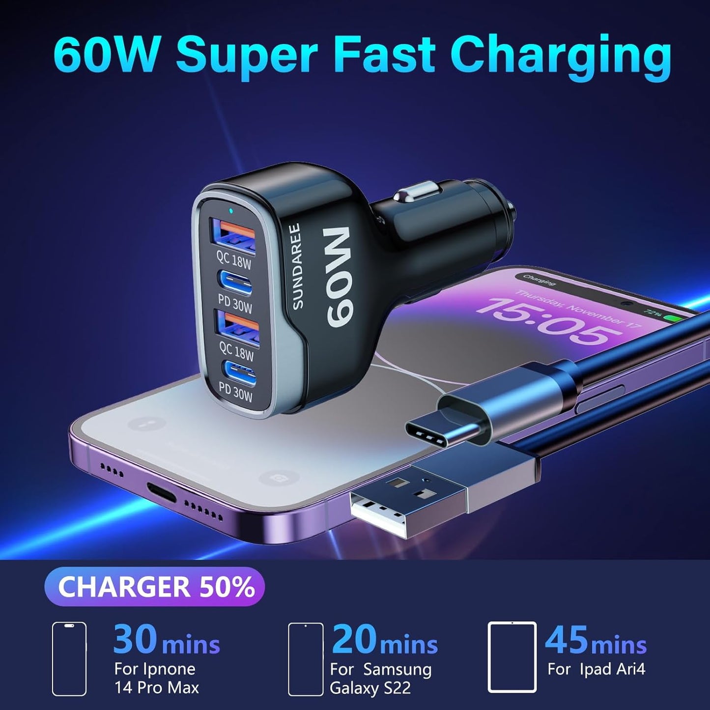 SUNDAREE 4 Ports USB C Fast Car Charger with Plug Outlet, Car Charger Adapter with 3.3FT Cable(USB-A to USB-C), Dual QC 18W & PD 30W Car Phone Charger for iPhone 17/16/15 Pro/Max/SamsungS25 & More