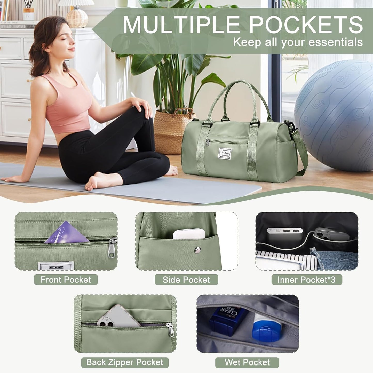 Gym Bag for Women with Shoes Compartment,Small Duffel Bag Sport bag with Toiletry Bag Overnight Travel Tote Bags Weekender Carry on Bag Personal Item Bags for Airlines Grey Green