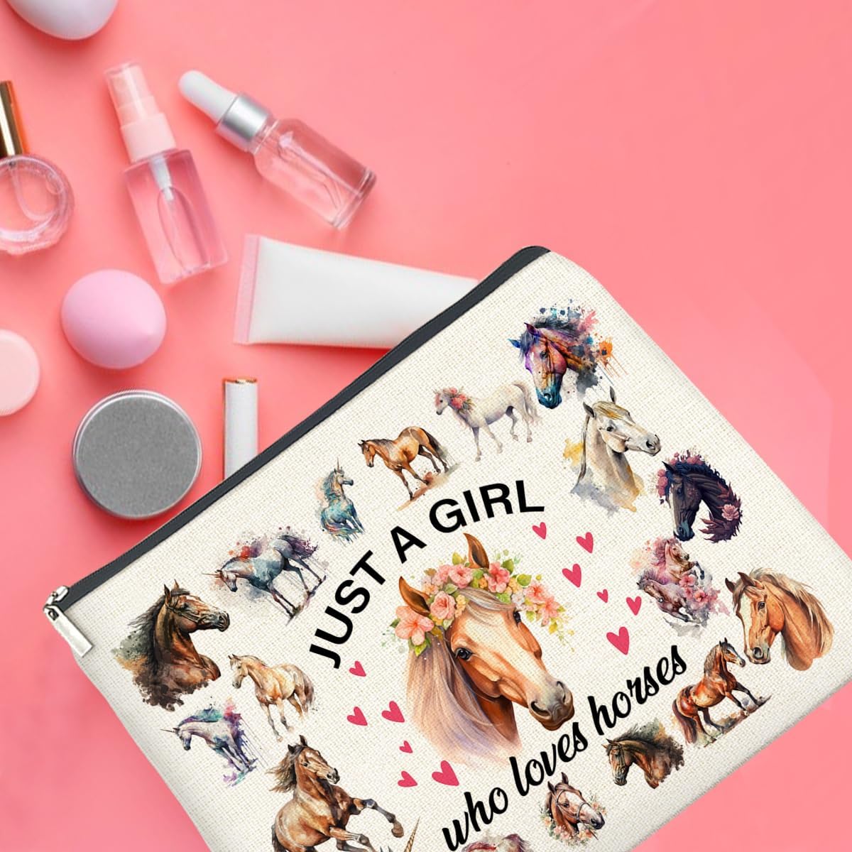 Horses Gifts Makeup Bag Funny Horse Lover Gifts for Girl Women Cowgirl Cosmetic Bag Just a Girl Who Loves Horses Zipper Makeup Pouch Gift