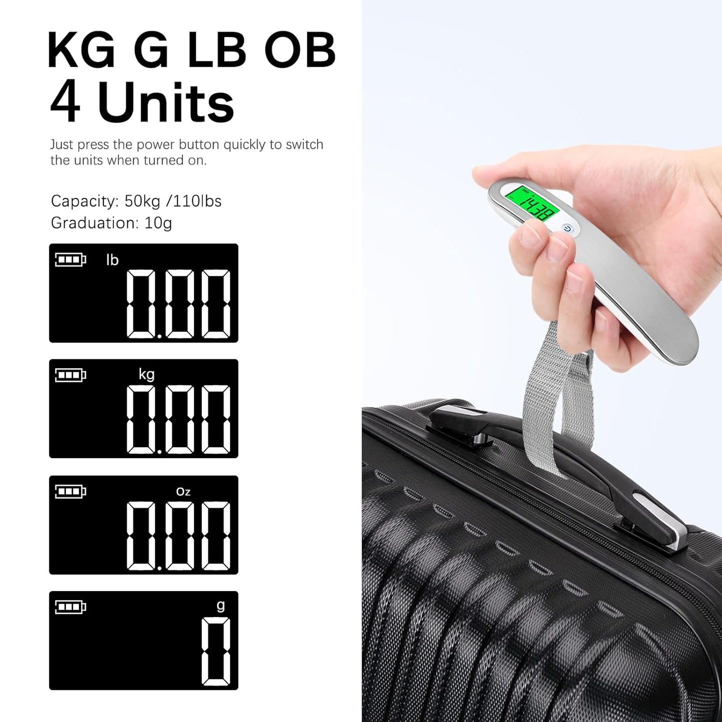 Rechargeable Luggage Scale with Hook & Type-C Port - Portable, Digital, High-Precision, and Ideal for Backpacks, Suitcases, and Carry-Ons - Up to 110lb/50kg Capacity -Hook