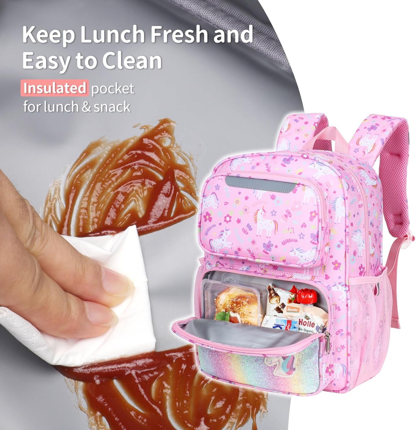Kids Backpack and Compression Packing Cubes Set - 15 Inch Backpack for Girls 3 to 8, Lightweight Bookbag for Preschool Kindergarten Elementary School, Safe Reflective Stripe, Pink Unicorn