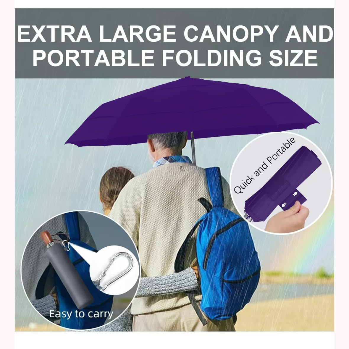Umbrellas for Rain, Heavy-Duty Windproof Travel Umbrella — Auto Open/Close, Vented Triple-Layer Canopy, 10 Fiberglass Ribs, Folding Design, Large Coverage, Wooden Handle