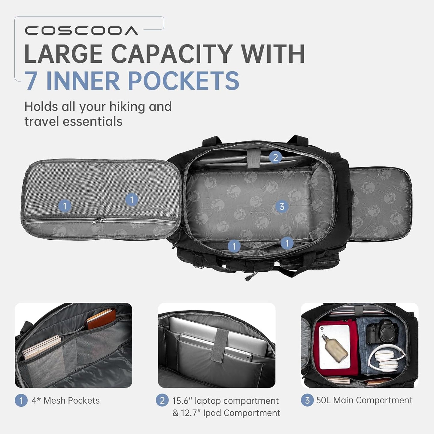 Gym Bags for Men with Shoe Compartment 50L Tactical Duffle Bag 3 in 1 Carry on Duffel Bag Travel Backpack Weekender Overnight Range Bag for Workout Football, Black