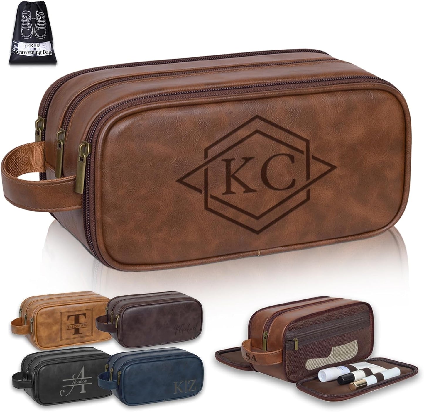 Personalized Toiletry Bag For Men, Laser Engraved Name Monogram Travel Toiletry Bag, Customized PU Leather Shaving Dopp Kit for Groomsmen, Gift for Him, Father, Husband, Christmas, Birthday