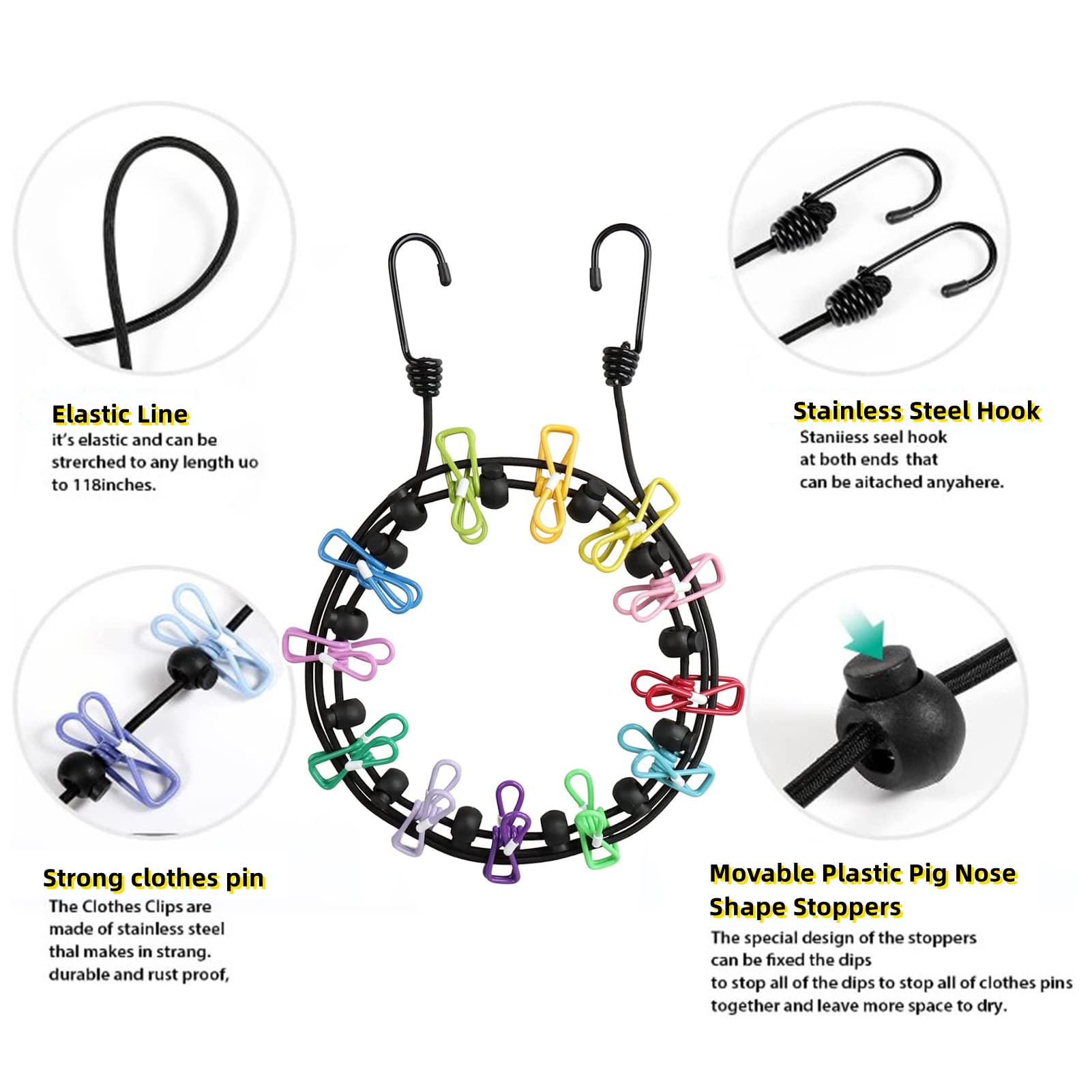 Clothesline，Retractable Portable Clothesline for Travel，Clothing line with 12 Clothes Clips，for