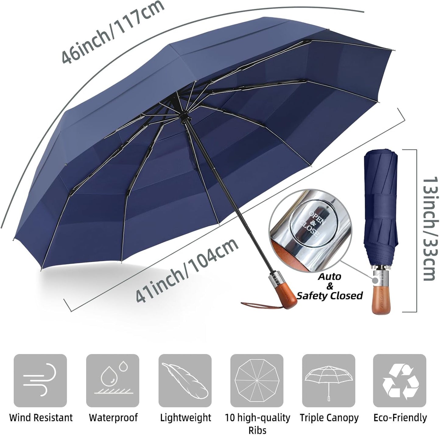 Umbrellas for Rain, Heavy-Duty Windproof Travel Umbrella — Auto Open/Close, Vented Triple-Layer Canopy, 10 Fiberglass Ribs, Folding Design, Large Coverage, Wooden Handle