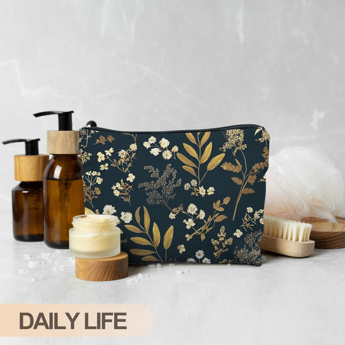 Vintage Boho Floral Makeup Bag, Dark Moody Wildflowers Floral Cosmetic Bags for Women, Dark