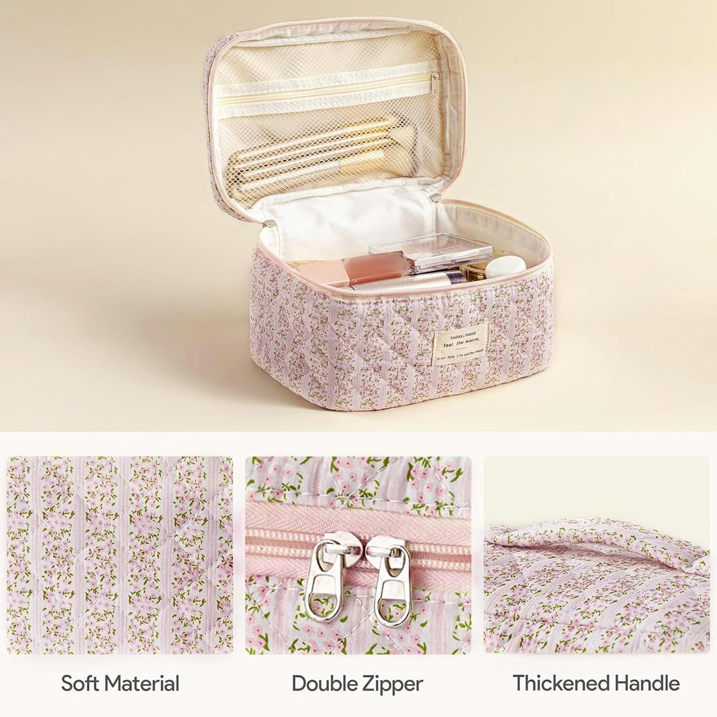 HBselect Quilted Makeup Bag, 3PCS Cotton Large Travel Makeup Bag, Cute Floral Coquette Make up Bag Cosmetic Bag Toiletry Bag for Women Girls
