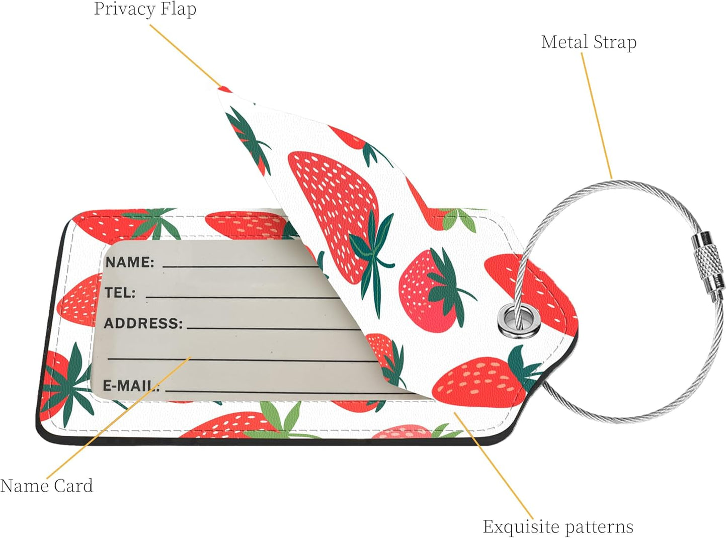 2 Pcs Luggage Tags for Suitcase, Cute Unique PU Leather Travel Bag Tag with Privacy Cover ID Label Address Card and Durable Metal Ring Suitable for Men Women Children Backpack,Strawberry Pattern