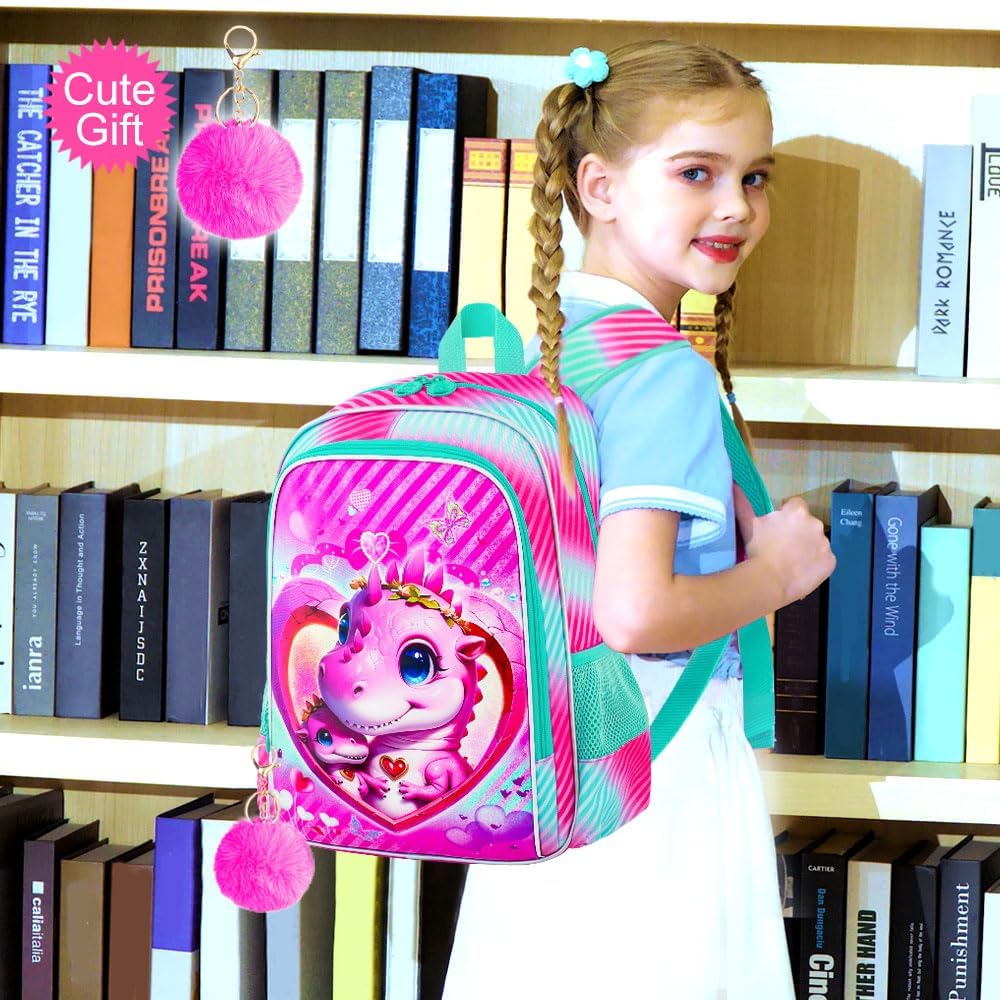 3PCS Girls Backpack, Kids Water Resistant Heart Bookbag Set with Lunch Box, Cute Kids School Bag for Preschool Toddler