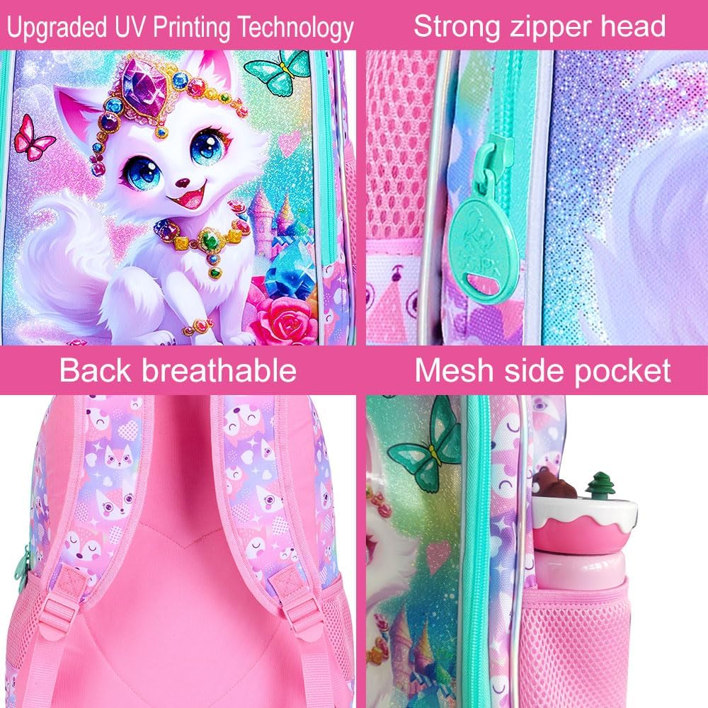 16" Fox Backpack for Girls, 3Pcs Kids Bookbag for Elementary Preschool Kindergarten, School