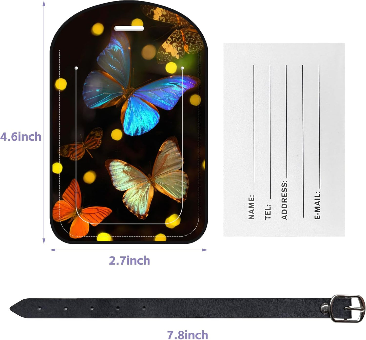 2 Pack Luggage Tags Tropical Butterflies PU Leather Baggage Handbag Suitcase Tags with Secure Strap Privacy Cover ID Labels,Business Travel Baggage Tag Identifier