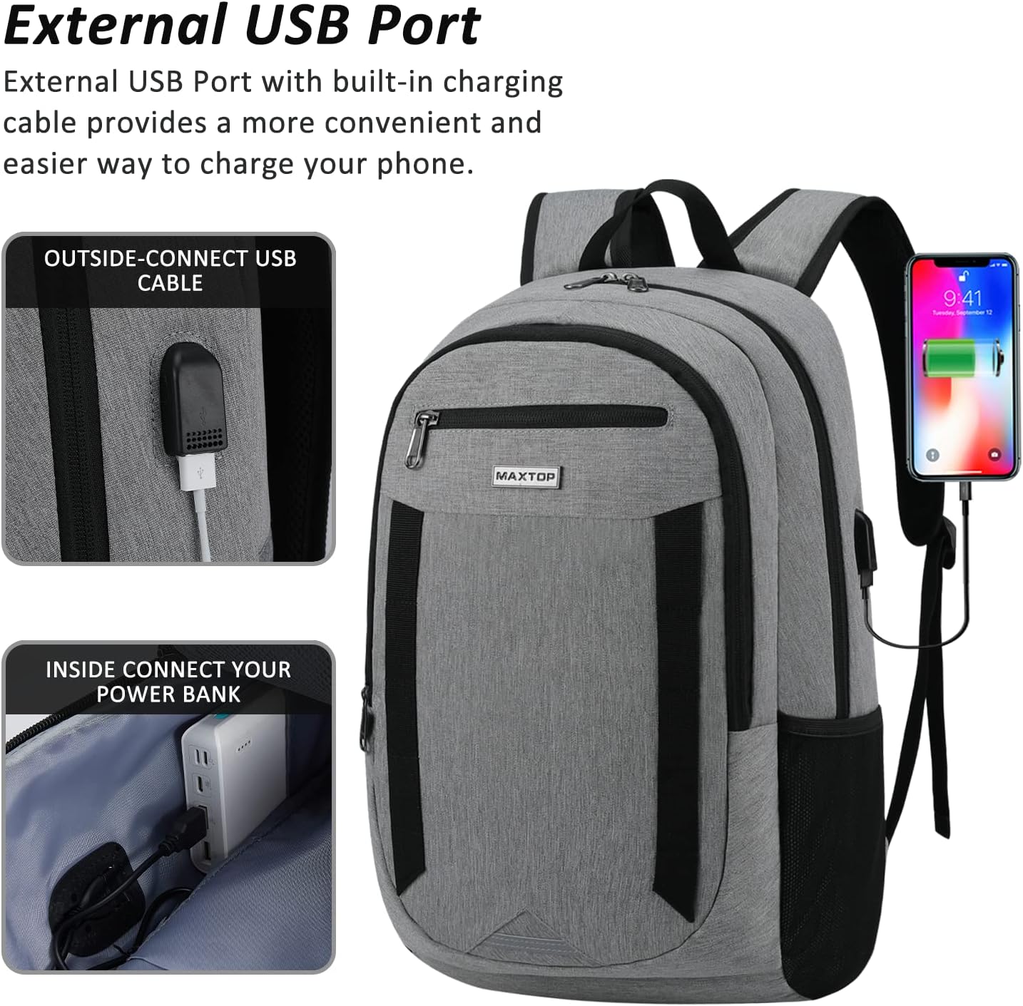 MAXTOP Travel Laptop Backpack Business Backpacks with USB Charging Port Water Resistant School College Bookbag