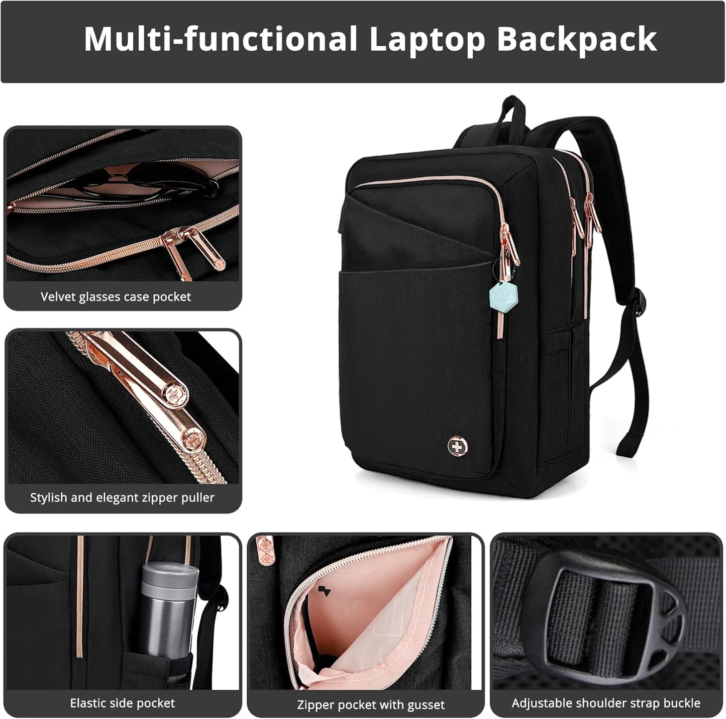 Swissdigital Design Business Backpack For Women with Rose Gold-Tone Zippers College Travel Laptop Backpack With Apple Find My Network,Fits 15.6 inch Laptop,Black | KATY ROSE