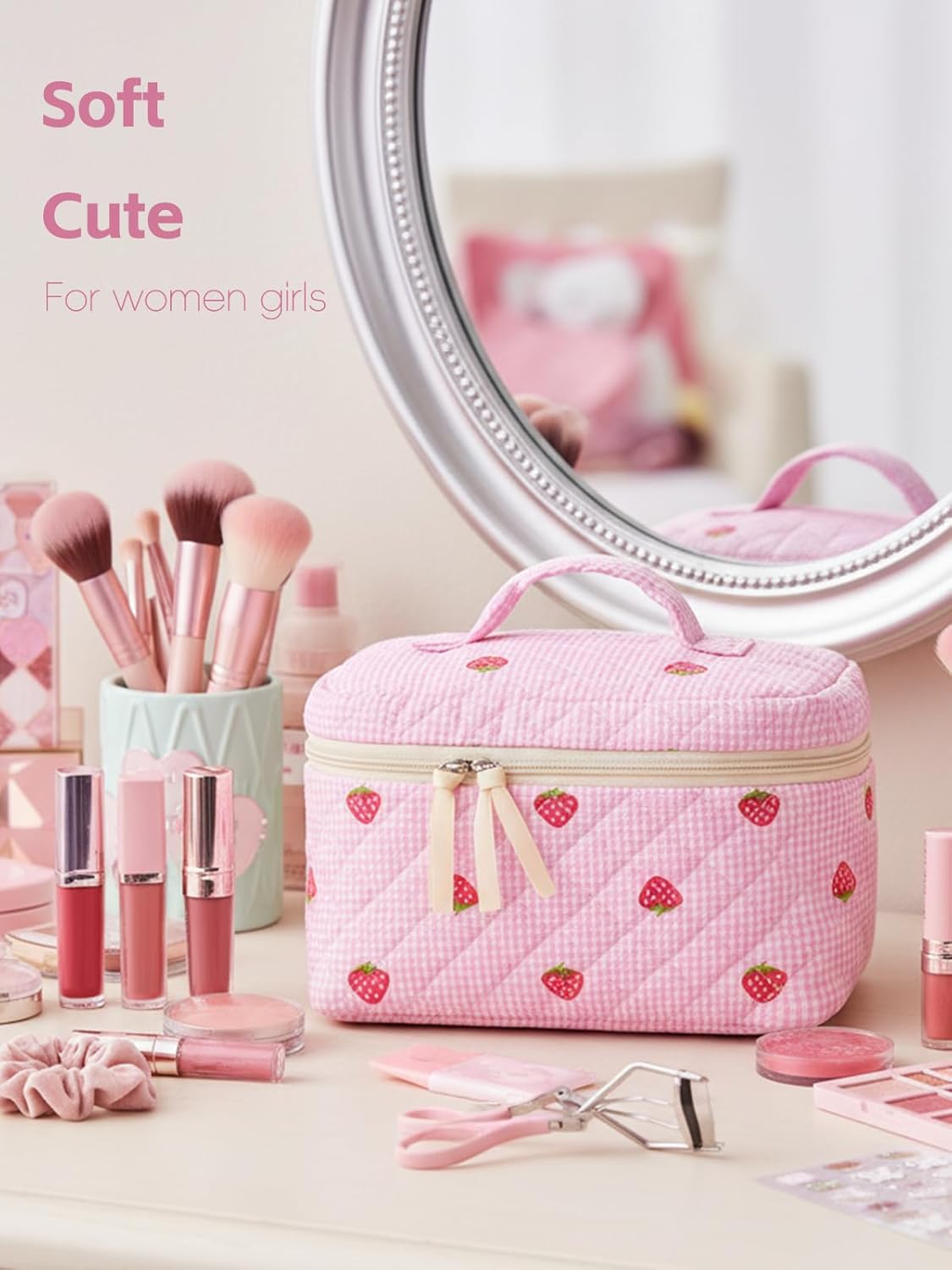 Large Travel Quilted Makeup Bag for Women Girls, Floral Cosmetic Bag, Cute Coquette Aesthetic Flowers Toiletry Organizer Bag Pink Strawberry