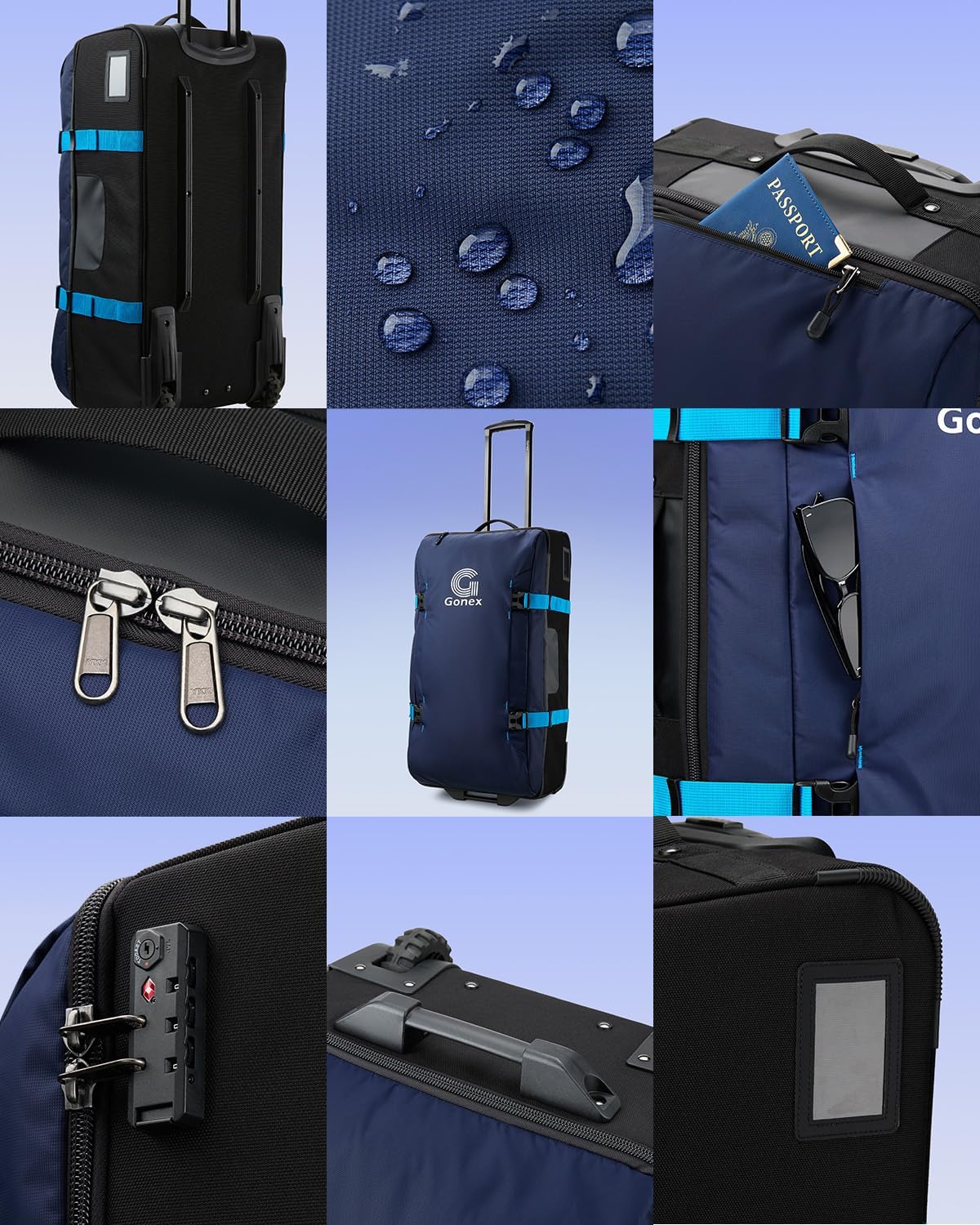 Gonex Rolling Duffle Bag with Wheels, Water-repellent 30 inch Nylon Large Wheeled Travel Duffel Luggage with TSA Lock & Telescopic Handle 100L, Navy Blue