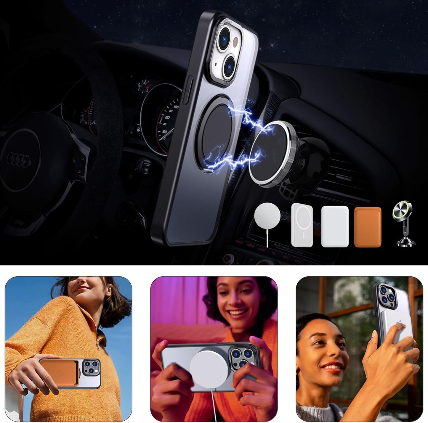 Magnetic Stand Case for iPhone 13/14 [with 2 Tempered Glass Film] [360° Rotation Magnetic Stand] [Compatible with Magsafe] Military-Grade Drop Protection Case, Black
