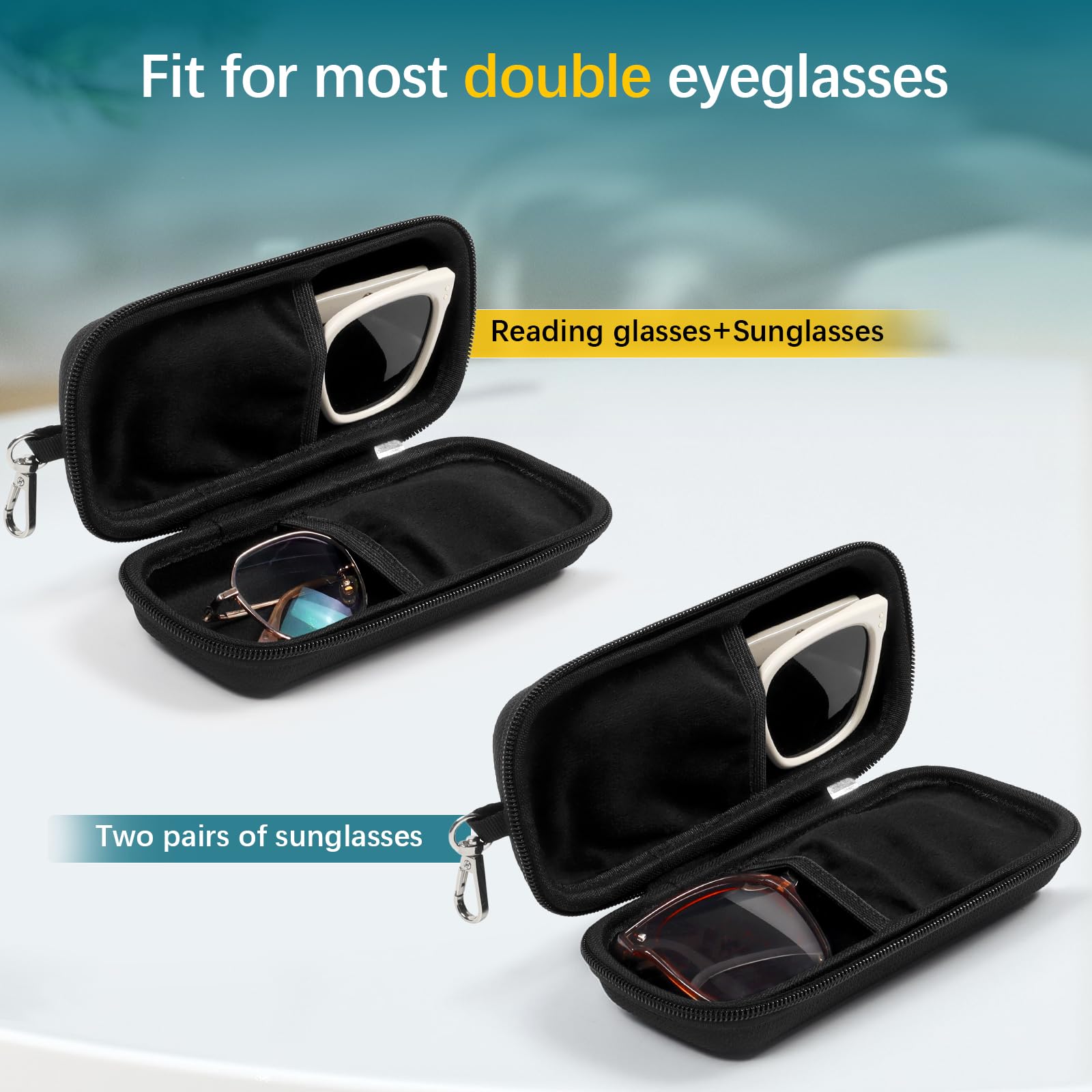 Tangoner Double Eyeglasses Case Hard Shell Dual Sunglasses Organizer with Zipper Closure Travel