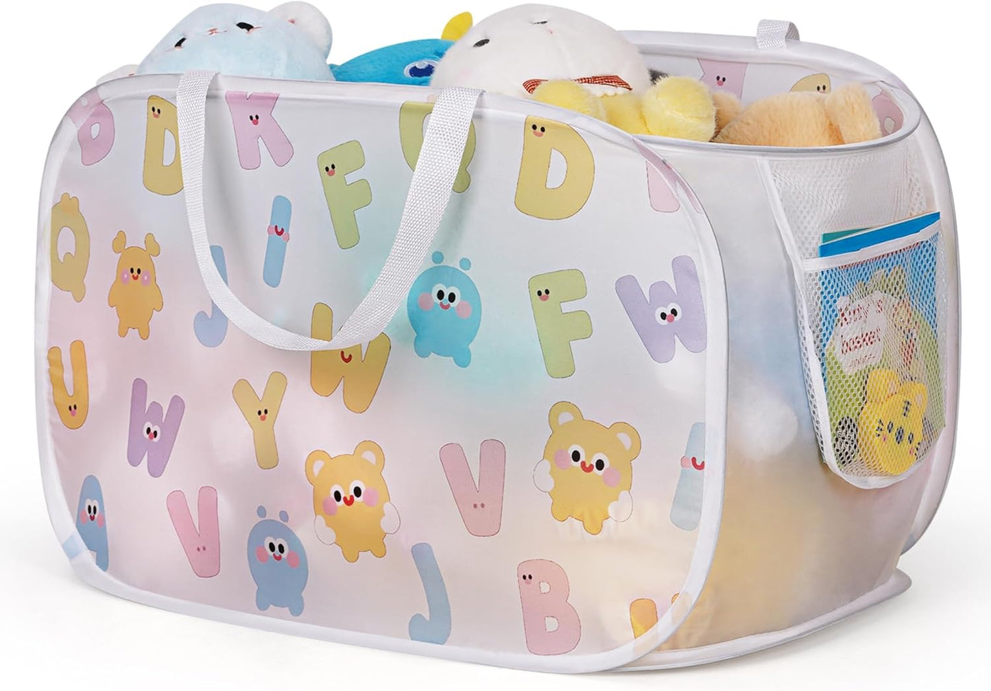 Collapsible Pop Up Hamper for Baby Clothes or Toys Storage, Mesh Hamper with Handles & Side Pocket, Multi-Use Laundry Hamper & Toy Basket, Portable for Home, Travel, Dorm (White-Horizontal)
