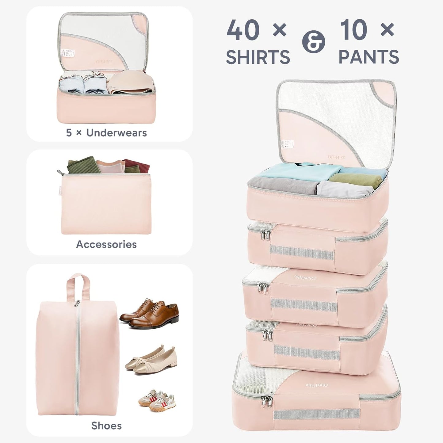 ALL INCLUDED 10 Set Durable Packing Cubes for Travel,Gifts for Women Mom, UPGRADED Anti-Tear Stitching, NEW Improved Luggage Packing Organizers for Suitcases Accessories (Beige)