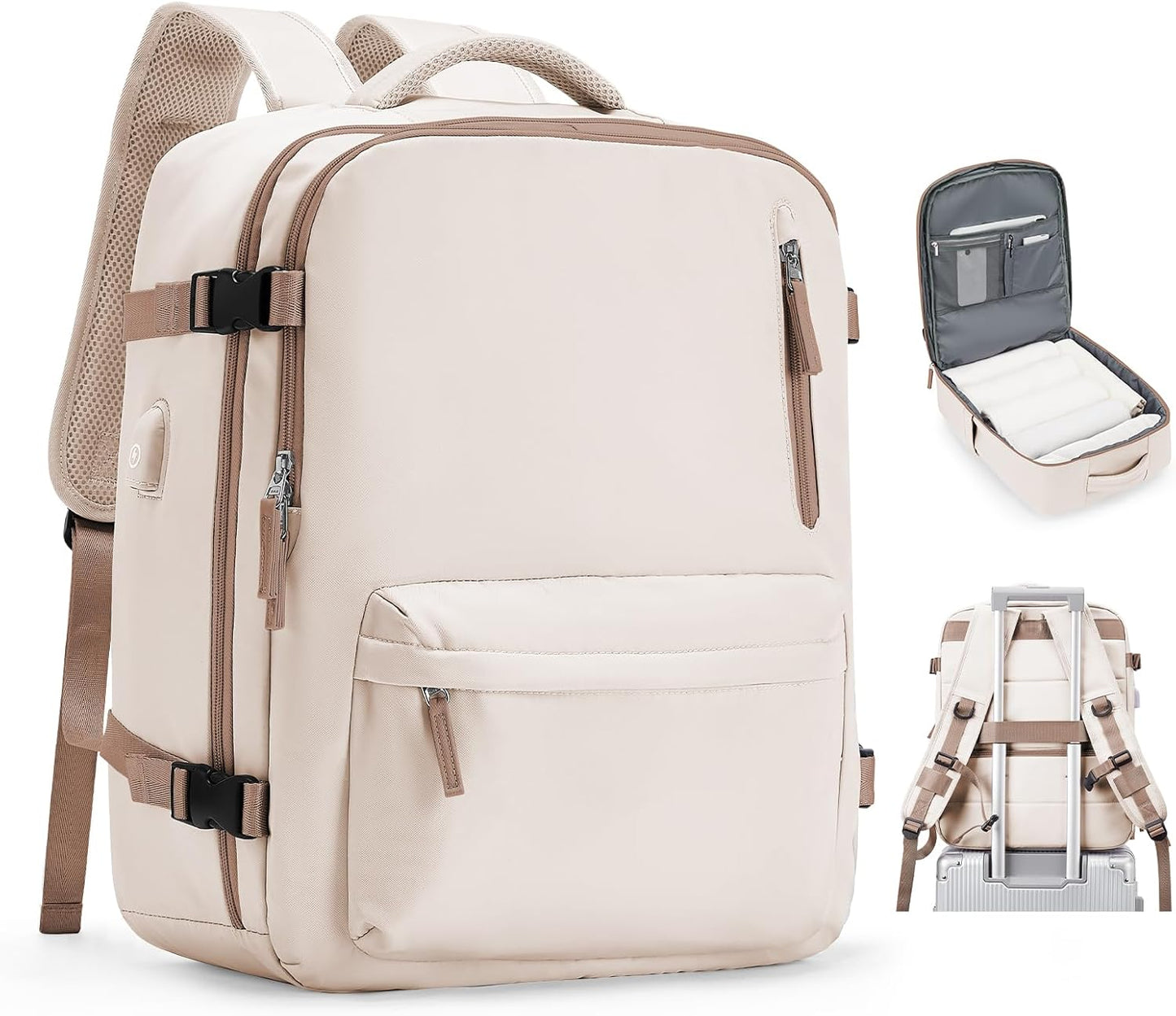VGCUB Lightweight Travel Backpack for Women Men,Carry on Flight Approved Luggage,Water Resistant Laptop College Work Backpack Personal Item Daypack bag Mochila de Viaje,Beige with Brown