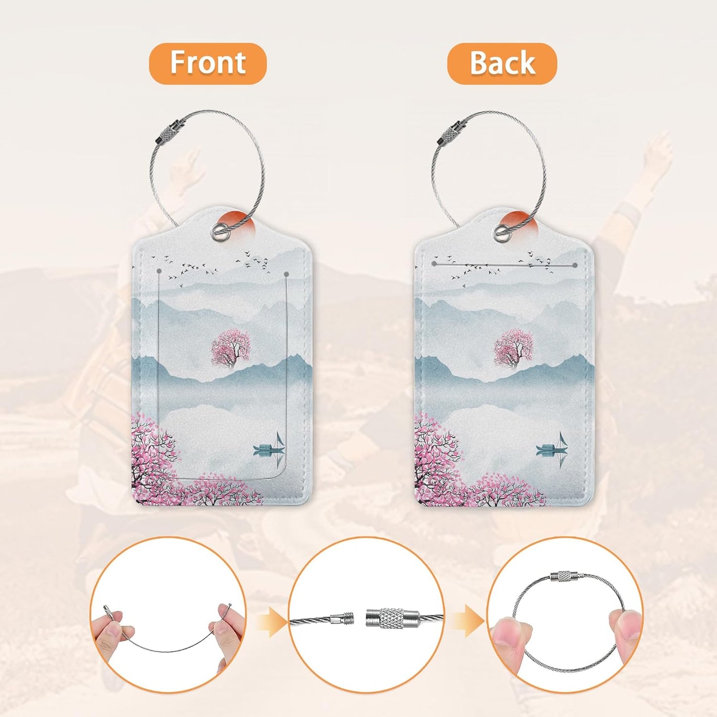 2 Pcs Luggage Tag for Suitcases,Japanese Cherry Blossom and Mountain Leather Baggage Tags Identifiers for Travel, Privacy Protection Travel Bag Labels Suitcase Tags for Women Men