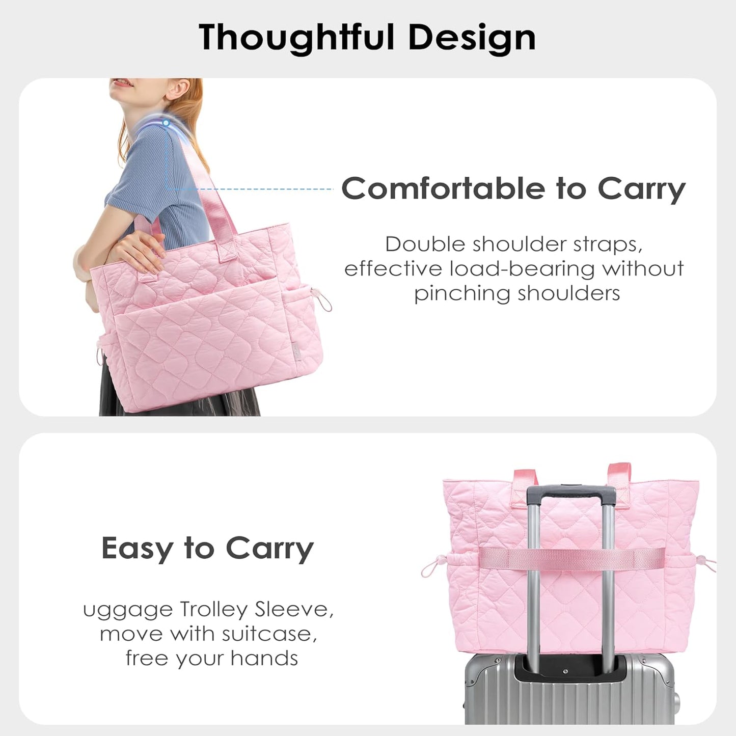 TOPEAST Tote Bag for Women Puffy Tote Travel Bag, Light 15.6" Laptop Work Handbag, Quilted Shoulder Bag Purse for Student Gym