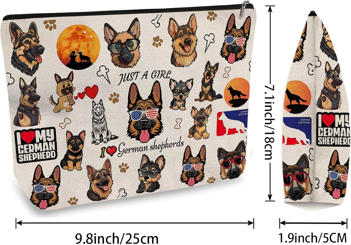 DOOX German Shepherd Makeup Bags with Lining, Funny Cosmetic Bags Pencil Pouch - Double-Sided Print - Cute Cat Birthday & Christmas German Shepherd Gifts for Daughter, Sister, Women