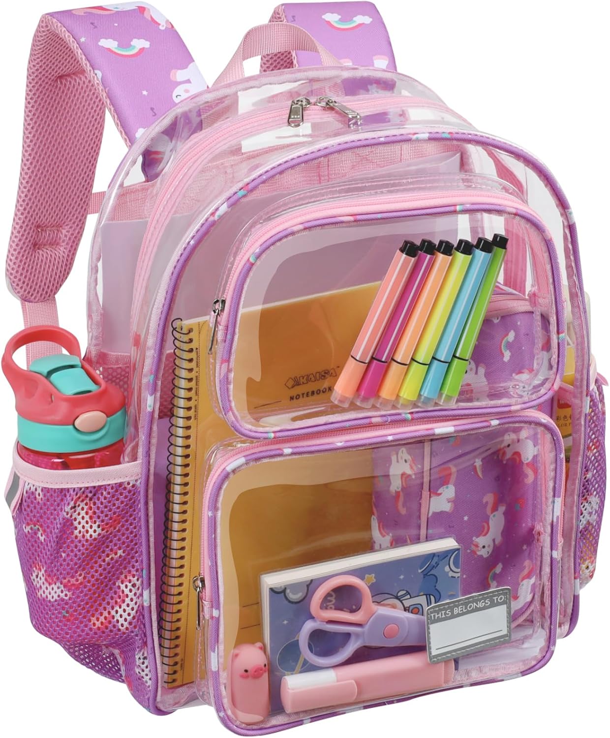 Bagseri Kids Clear Backpack Girls - 15 Inch Clear Bookbag for Kids Aged 3 to 8 Heavy Duty Transparent Backpack for School, Cute See Through Bag with Reflective Strip, Purple Unicorn
