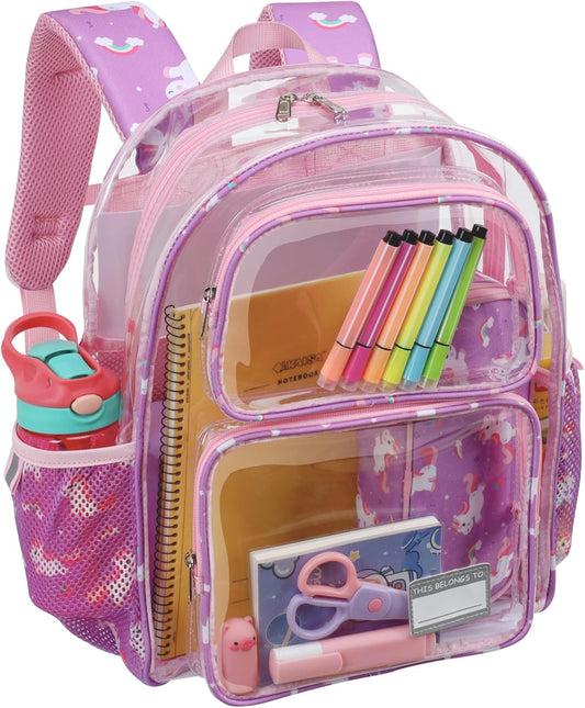 Bagseri Kids Clear Backpack Girls - 15 Inch Clear Bookbag for Kids Aged 3 to 8 Heavy Duty Transparent Backpack for School, Cute See Through Bag with Reflective Strip, Purple Unicorn