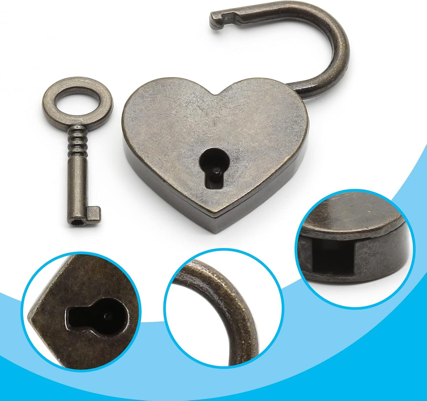 4 Pcs Vintage Antique Padlocks Key Lock with Key, Mini Love Heart Head Luggage Locks, Antique Style