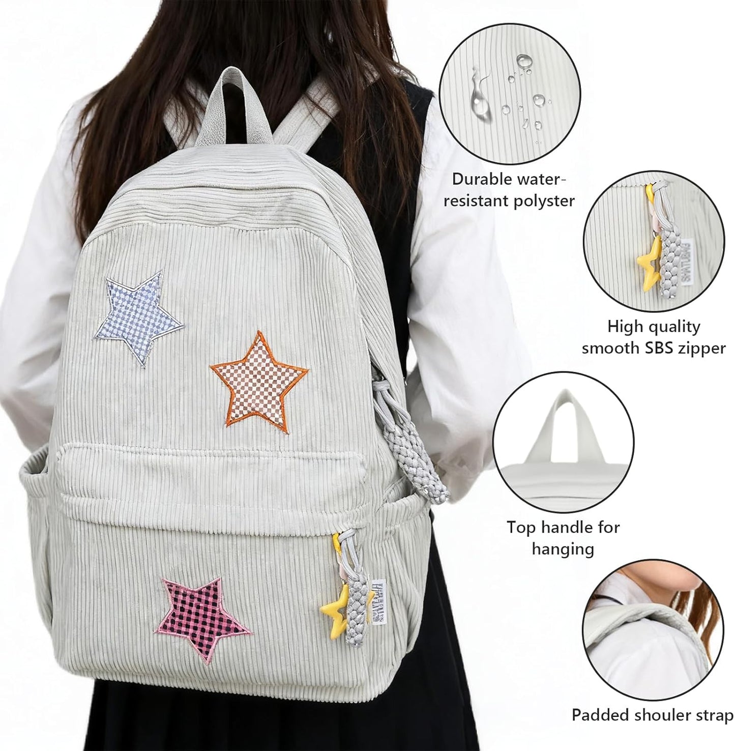 Corduroy Backpack with Star Pattern, Trendy and Versatile, Fits 14'' Laptop Large Capacity Daily Commute (Beige)