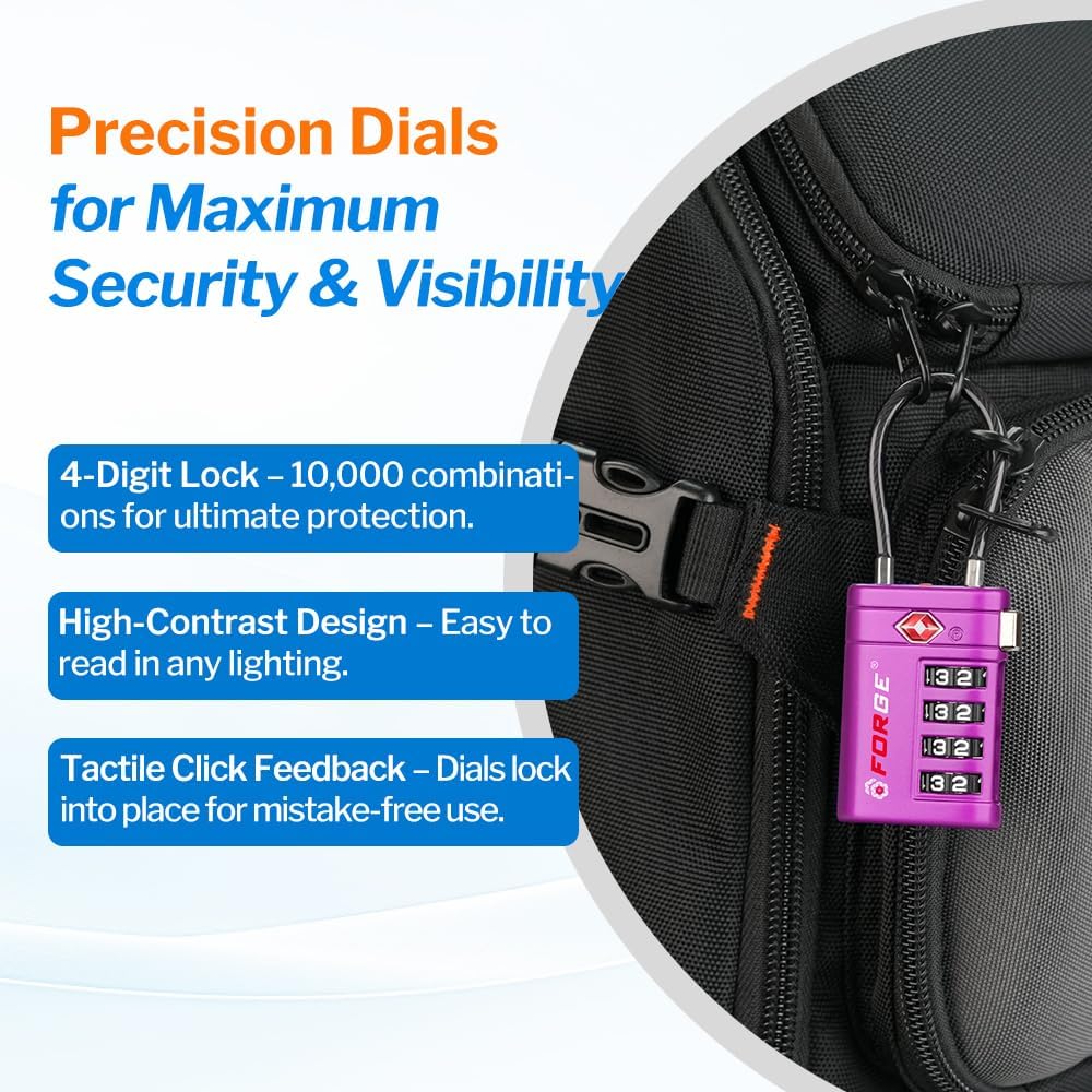 Forge TSA Approved Luggage Locks 4 Digit Combination TSA Travel Locks with TSA008, Open Alert Indicator, Zinc Alloy Body for Luggage, Suitcase, Backpack, and More. Purple 2 Locks.