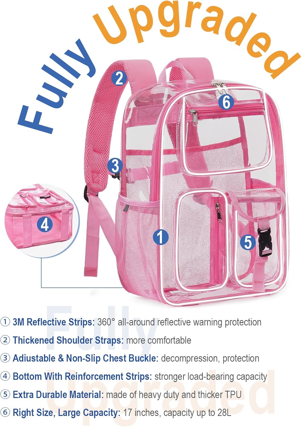 Heavy Duty Clear Backpack For School, 17 Inch Large Clear Bookbag For Kids Boys Girls Women Men, 360° 3M Reflective Strips See Through Backpack, Multi-Pockets Tranparent Bag, College Work, Pink