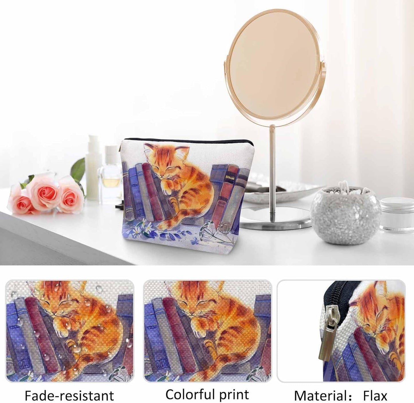 Cat Cosmetic Travel Bag For Toiletries, Funny Cat Kitten Sleep Floral Library Bookshelf Makeup Bag Toiletry Bags For Women, Flax Cosmetic Bags Make Up Bag Purse Toiletries Bag Birthday Gift