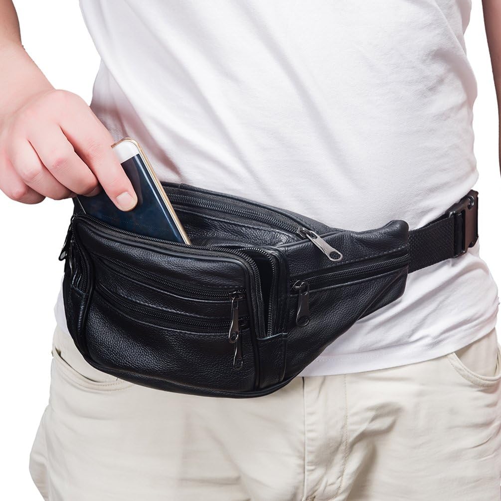 7 Pockets Leather Fanny Pack Travel Waist packs Waist Pack Suitable for Outdoor Mountaineering Travel Camping Cycling Running etc updated version Fanny packs (Black)
